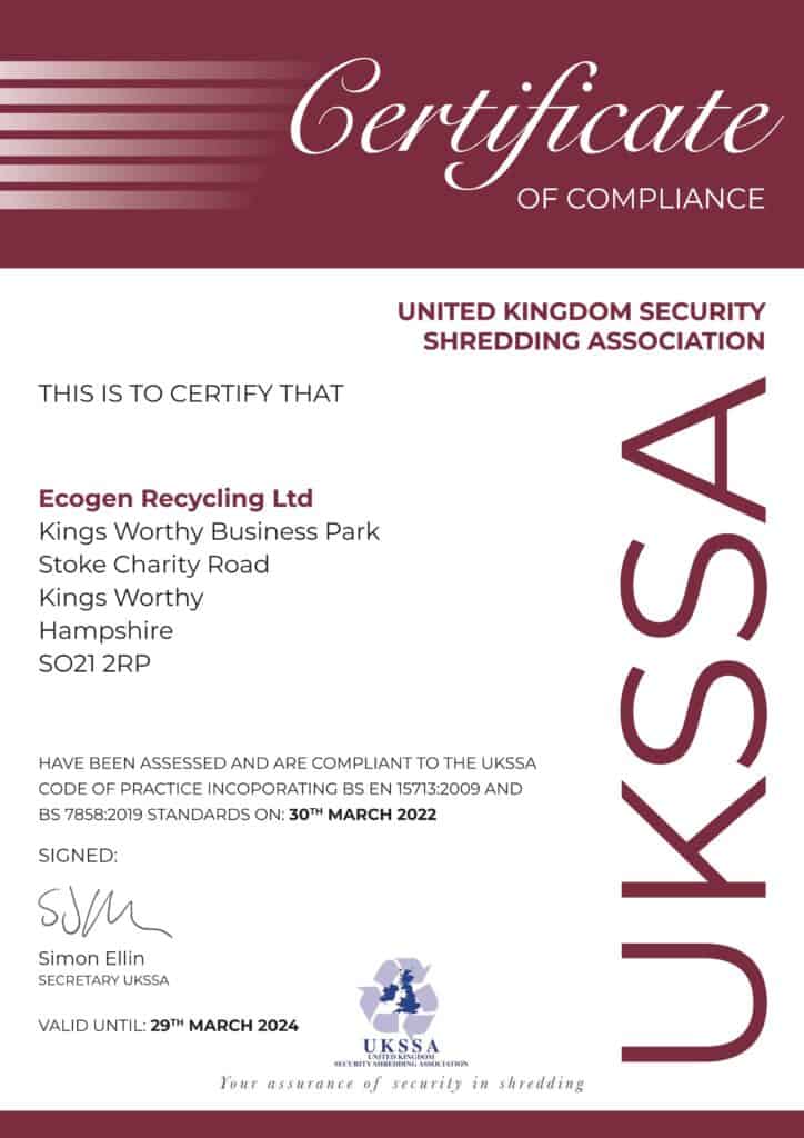 f UKSSA (United Kingdom Security Shredding Association) Certificate